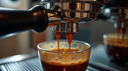 Two streams of rich, amber espresso pour from a shiny portafilter into a glass cup, where a frothy golden crema forms at the top. 