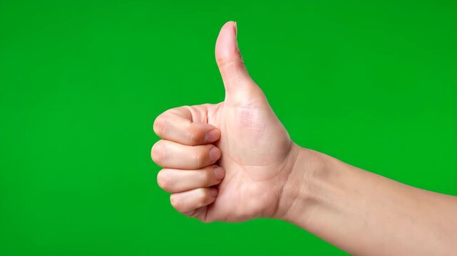 Woman hand making thumbs up gesture on green screen chroma key. Agreement or success sign. Positive approval and like internet symbol.