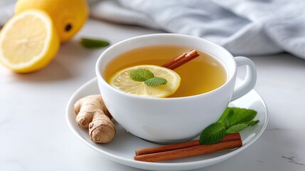 Ginger tea with brown sugar and cinnamon is placed next to fresh ginger and lemon for a warm drink experience