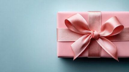 A pink gift box with a ribbon sits on a light blue surface waiting for an event or moment to bring joy and surprise