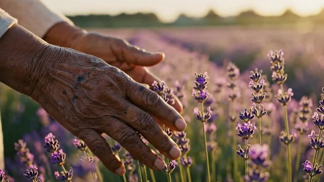 POV Running Fingers Across Lavender Tips with Shallow DOF and Nostalgic Countryside Mood