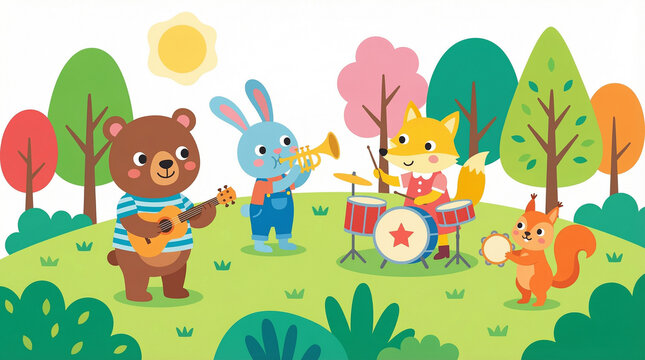 Cute Animal Band Playing Music in the Forest - Whimsical Woodland Creatures Cartoon Illustration for Kids