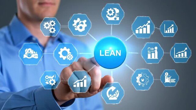 A businessman engages with the "LEAN" concept surrounded by process optimization icons.