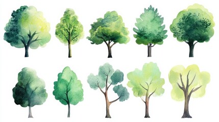 Watercolor trees in various shapes and sizes on a plain white background showcasing different forms and colors in natural settings