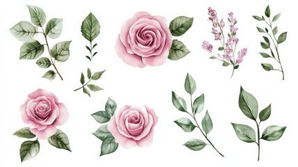 Collection of watercolor pink roses and green leaves for botanic wedding floral design and garden flower arrangements in a natural setting