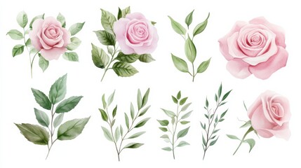 Watercolor collection of pink roses and greenery leaves for floral design suitable for wedding decorations and botanical themes in various arrangements