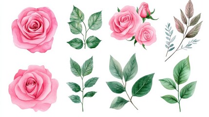 Watercolor collection of pink roses, green leaves, and branches for botanic wedding floral design in garden setting