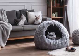 Chubby gray cat resting in a Plush cat house with monster-inspired design, featuring soft fluffy texture next to sofa in cozy living room with wooden flooring, plants, decorations. Lovely pets concept