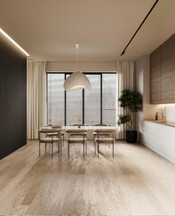 Spacious open-plan kitchen and dining area with floor-to-ceiling windows, soft neutral tones, and...