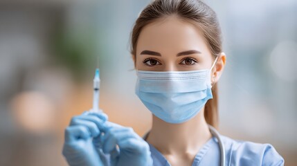 A medical professional, masked, holds a syringe, ready to administer a shot