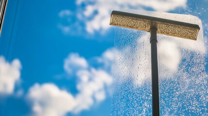 Squeegee cleans a dirty window against a clear blue sky while preparing for spring cleaning and brightening the view outside