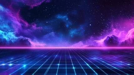 Explore the vibrant synthwave landscape with laser grid and starry sky, perfect for creating posters and covers in retro and futuristic styles
