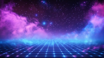 Bright colors fill the sky with a starry backdrop and a grid design, creating a scene for creativity and digital art