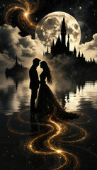 Couple embracing under the moonlight with a mystical castle backdrop  