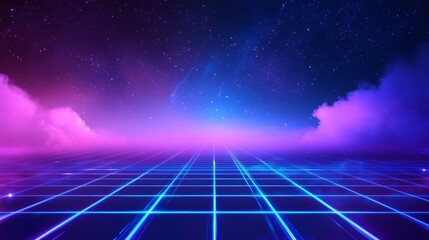 Synthwave vaporwave background with laser grid and starry sky featuring blue and purple glows with smoke and particles for creative projects, posters, and covers