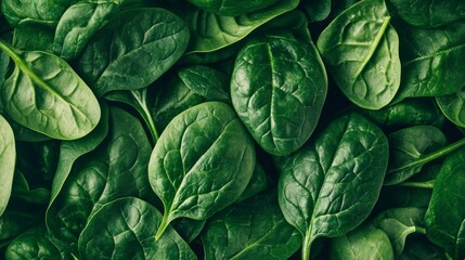 Fresh organic spinach leaves spread out in a top view arrangement on a clean surface showcasing healthy food options for vegan diets at any time of the day