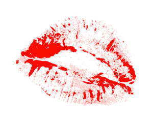 Red lipstick imprint halftone element for collage and scrapbook. Female lips, kiss mark with grunge dotted texture. Love and Valentine's Day, modern retro vector illustration on transparent background