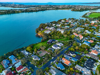 Aerial View of Auckland Coastal Harbor, New Zealand