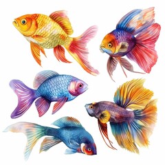 Colored fish painted with watercolors on a white background. Clip art, stickers.