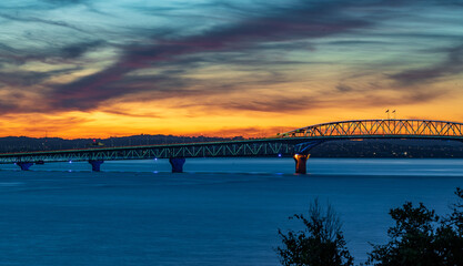 Auckland Harbour Bridge at Sunset Over Waitematā Harbour, New Zealand