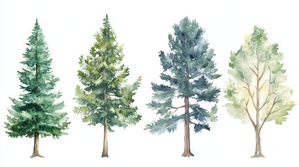 Vector watercolor illustration showing various tree types including green pine and blue spruce against a white background