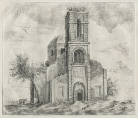 A graphic drawing (engraving, etching) is an imprint on paper from a copper plate. Hand drawn engraving. Old building stands in landscape with trees and animals near ruins at daytime. 