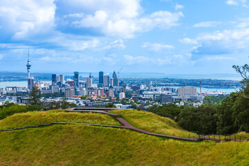Auckland City Skyline Viewed from Mount Eden on a Sunny Day