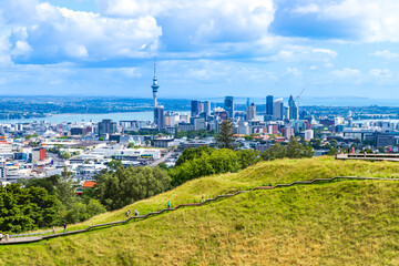 Auckland City Skyline Viewed from Mount Eden on a Sunny Day