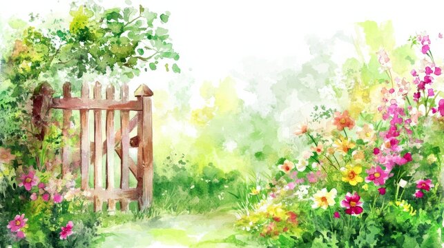 Garden gate opens to secret garden with flowers in bloom on a white background