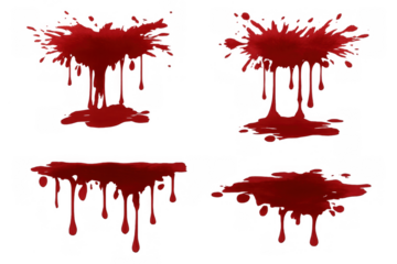 Red blood splatter drops dripping, splashing paint stains, isolated elements creating a gory horror effect for design