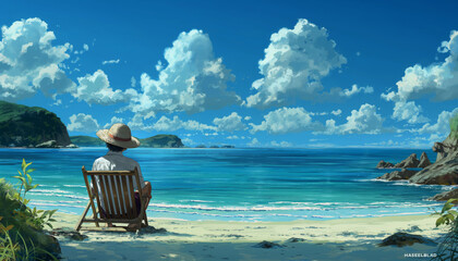 Man lounging on beach deck chair wearing straw hat gazing at calm ocean. Soft sunlight, blue sky, scattered clouds, distant hills, warm sand and gentle waves calm mental health sources illustration