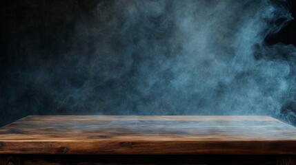 Wooden table with smoke rising in dark setting suitable for food photography and barbecue themes during evening gatherings or outdoor cooking sessions