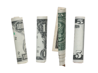 Set US dollar banknotes rolled, paper banknotes isolated on white background, clipping path 