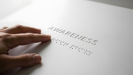Finger touching raised print braille lettering to understand accessibility and inclusion as visual impairment awareness promotes sensory reading methods for sightless individuals