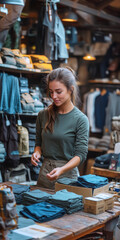 Woman with brown hair wearing khaki stands at outdoor store counter picks up neatly folded t-shirts while backpacks and hiking boots are displayed behind. Retail shopping and outdoor gear concept