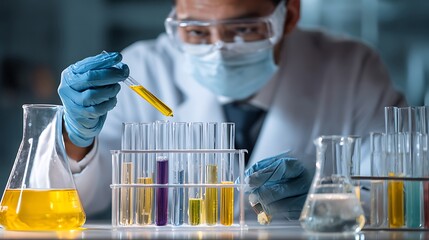 Scientist examines a test tube with yellow liquid in a laboratory setting