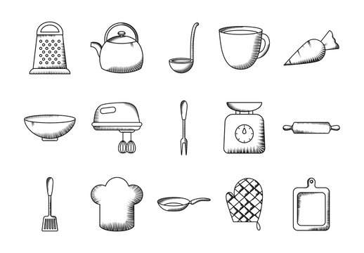 Black And White Kitchen Cooking Culinary Baking Utensils Icons Set