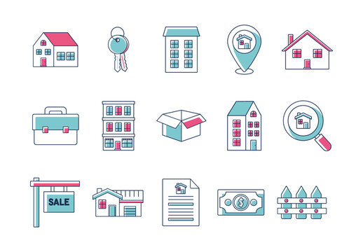Blue And Pink Real Estate Property Mortgage Architecture Icons Set