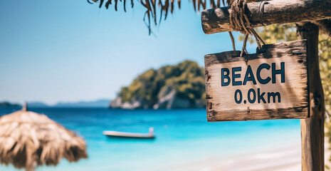 Wooden sign with BEACH 0.0KM on shore with ocean waves and palm beach in background bathed in warm sunlight. Aged wood texture contrasts with smooth sand and blue water creating a serene coastal scene