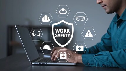 A person types on a laptop, surrounded by a "WORK SAFETY" shield and various safety equipment icons.