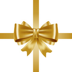 Vector image of a golden bow and ribbon for a birthday gift on a white background. Shiny bow for greeting cards and other decor. Top view.