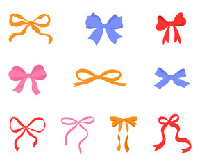 Set of various hand-drawn bows, gift ribbons. Fashionable hair braiding accessory. Hand drawn vector illustration.
