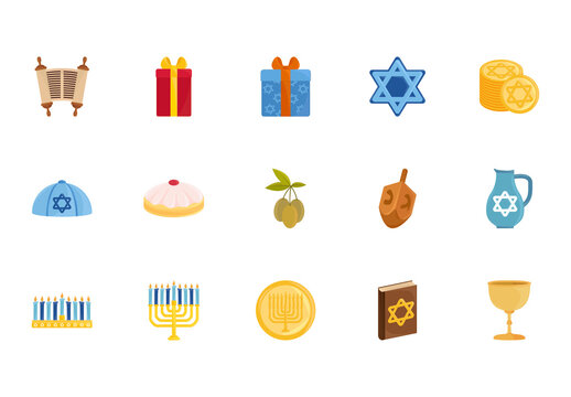 Colorful Hanukkah Gifts Menorah Dreidel Illustrations Set