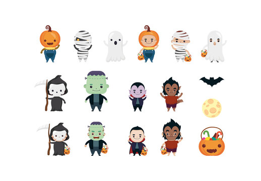Colorful Halloween Cute Characters Illustrations Set