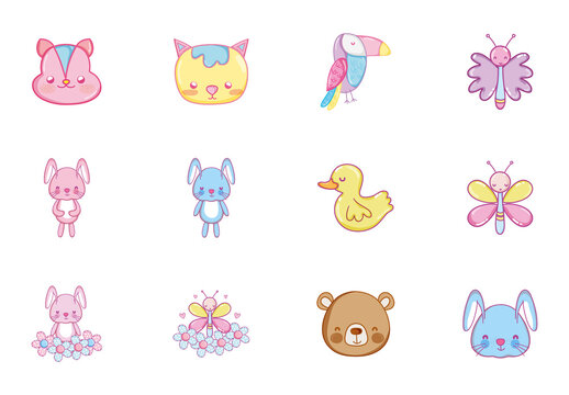 Colorful Baby Animals Cartoon Pastel Icons Set