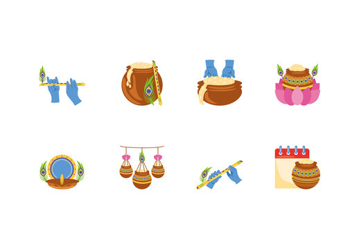 Colorful And Festive Krishna Pot Flute Peacock Illustration Set