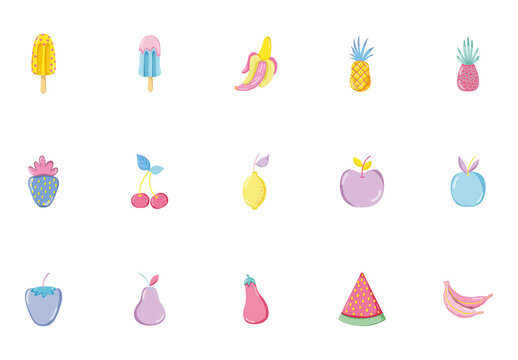 Colorful Pastel Fruit Cartoon Icons Set