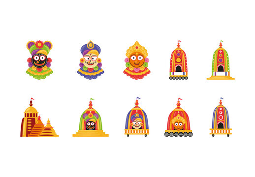 Colorful Rath Yatra Festival Cartoon Illustration Set