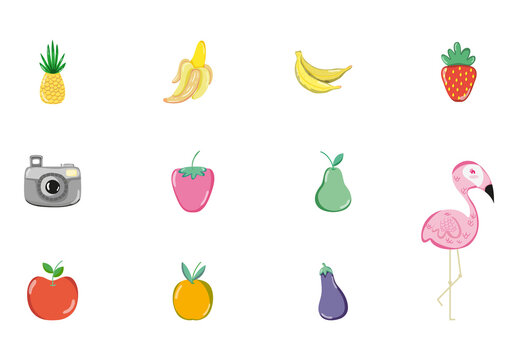 Colorful Tropical Fruits And Flamingo Icons Set
