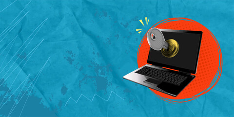 Creative halftone collage in pop art style. Laptop with a golden lock and key. Protect your personal data online. Vector illustration.